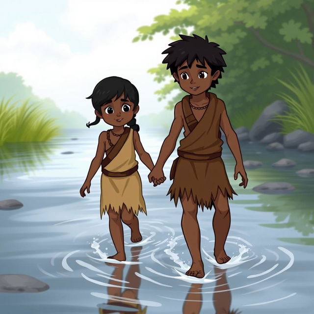 A prehistoric boy and girl walking hand in hand through a river, with water up to their ankles