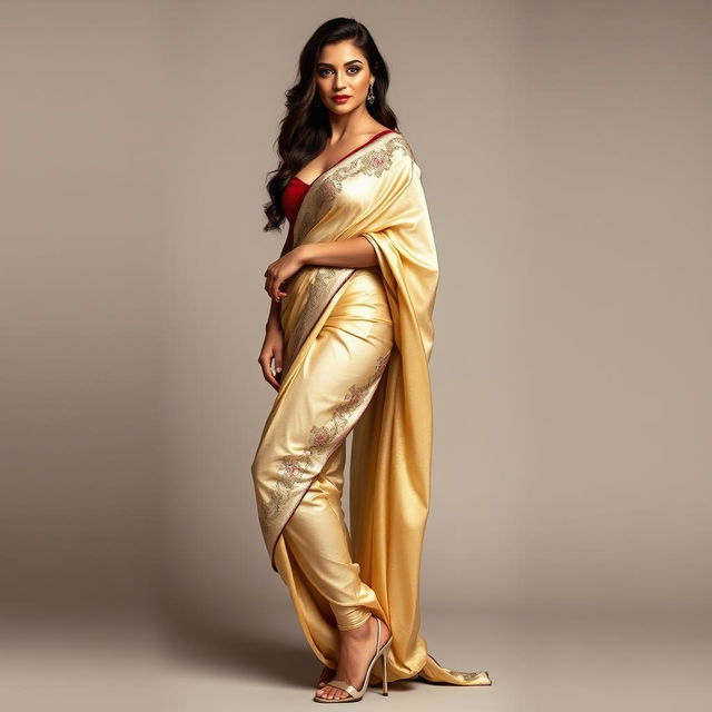 A stunning woman confidently wearing a sexy saree, elegantly draped to accentuate her curves, paired with stylish high heels