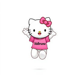 Hello Kitty, joyfully jumping with a big smile, wearing a t-shirt with the text "Valbruna"