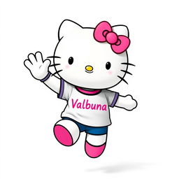 Hello Kitty, joyfully jumping with a big smile, wearing a t-shirt with the text "Valbruna"