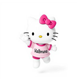 Hello Kitty, joyfully jumping with a big smile, wearing a t-shirt with the text "Valbruna"