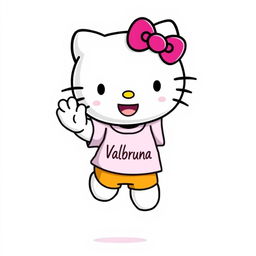 Hello Kitty, joyfully jumping with a big smile, wearing a t-shirt with the text "Valbruna"