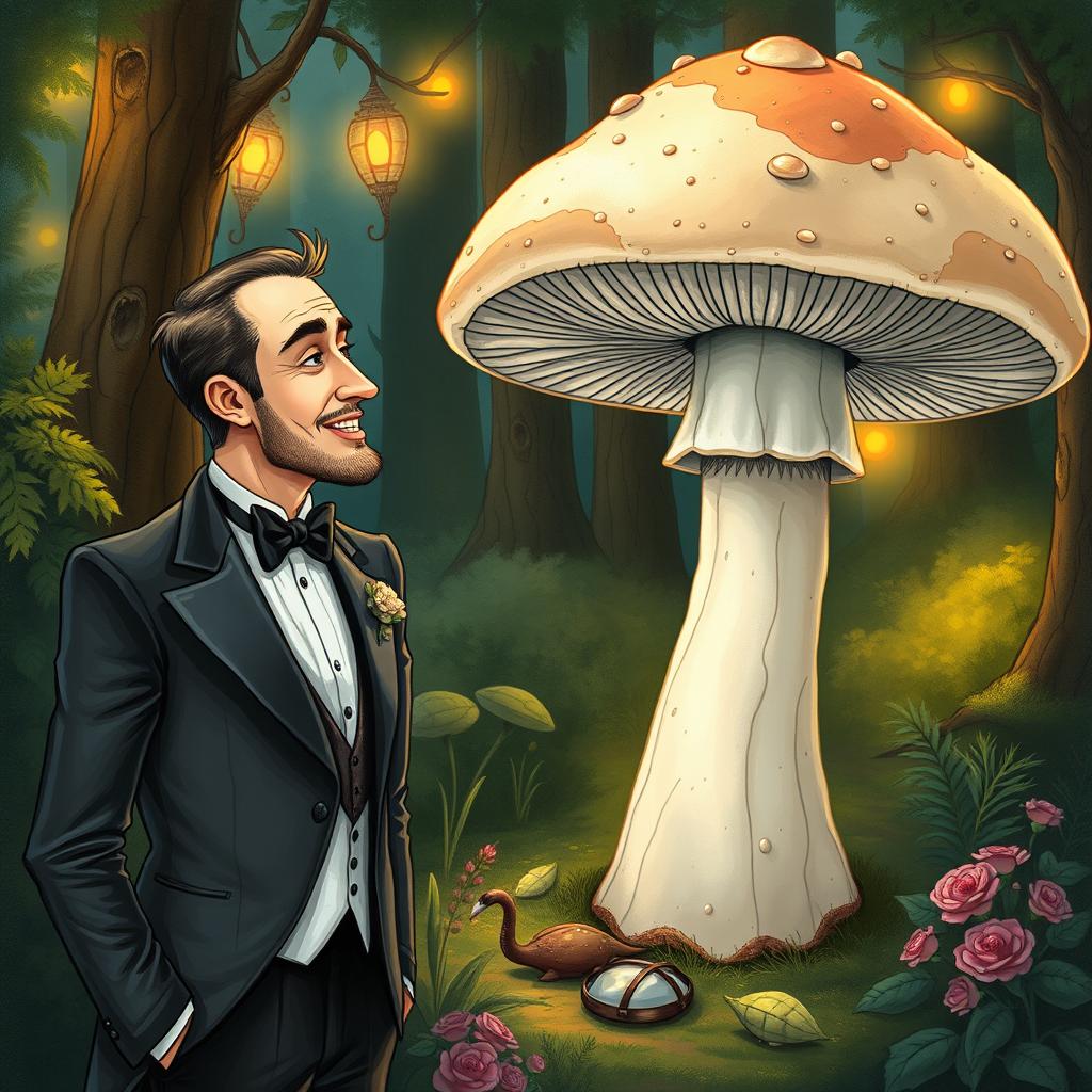 A man in a tuxedo engaged in a conversation with a giant Biporus bipes mushroom, hand-drawn art style, showcasing intricate details of both the tuxedo and the mushroom, set in a whimsical, fantastical forest ambiance with lush vegetation and ambient lighting, capturing the playful interaction between the man and the mushroom