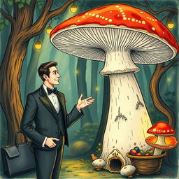 A man in a tuxedo engaged in a conversation with a giant Biporus bipes mushroom, hand-drawn art style, showcasing intricate details of both the tuxedo and the mushroom, set in a whimsical, fantastical forest ambiance with lush vegetation and ambient lighting, capturing the playful interaction between the man and the mushroom