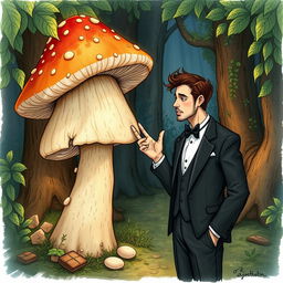 A man in a tuxedo engaged in a conversation with a giant Biporus bipes mushroom, hand-drawn art style, showcasing intricate details of both the tuxedo and the mushroom, set in a whimsical, fantastical forest ambiance with lush vegetation and ambient lighting, capturing the playful interaction between the man and the mushroom