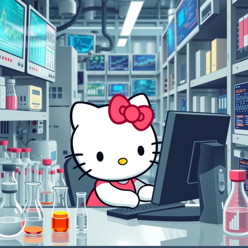 Hello Kitty deeply focused as she works on a PC in a high-tech laboratory filled with scientific racks