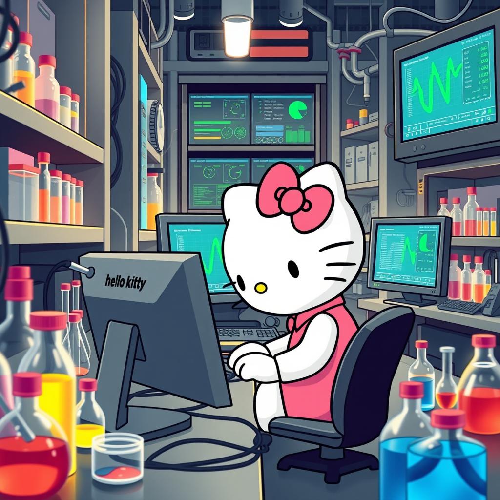 Hello Kitty deeply focused as she works on a PC in a high-tech laboratory filled with scientific racks