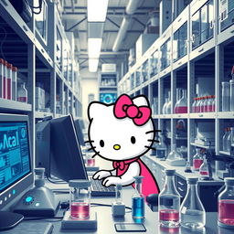 Hello Kitty deeply focused as she works on a PC in a high-tech laboratory filled with scientific racks