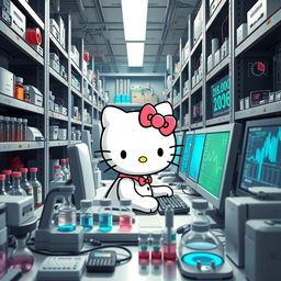 Hello Kitty deeply focused as she works on a PC in a high-tech laboratory filled with scientific racks