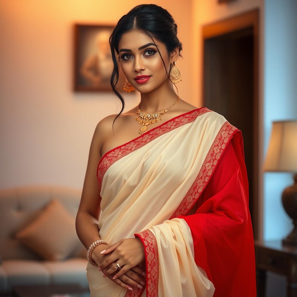 A beautiful woman wearing a cream and red combination sexy saree