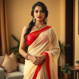 A beautiful woman wearing a cream and red combination sexy saree