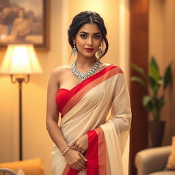 A beautiful woman wearing a cream and red combination sexy saree