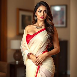 A beautiful woman wearing a cream and red combination sexy saree