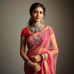 An Indian woman standing gracefully, adorned in exquisite body jewelry, wearing a sheer saree that elegantly drapes around her