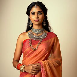 An Indian woman standing gracefully, adorned in exquisite body jewelry, wearing a sheer saree that elegantly drapes around her