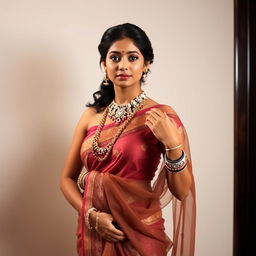 An Indian woman standing gracefully, adorned in exquisite body jewelry, wearing a sheer saree that elegantly drapes around her