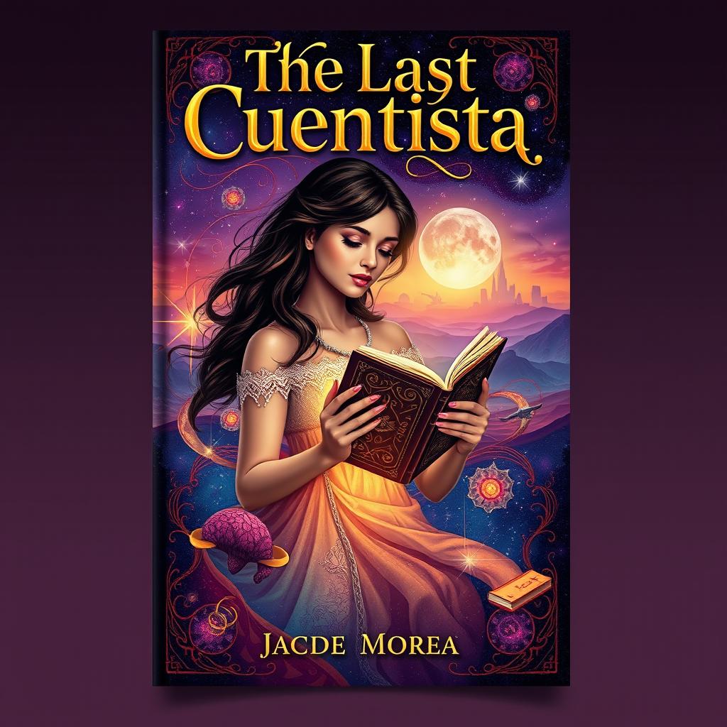 A captivating book cover design for 'The Last Cuentista' showcasing a mesmerizing blend of Mexican folklore and futuristic elements