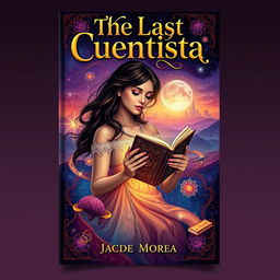 A captivating book cover design for 'The Last Cuentista' showcasing a mesmerizing blend of Mexican folklore and futuristic elements