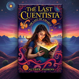 A captivating book cover design for 'The Last Cuentista' showcasing a mesmerizing blend of Mexican folklore and futuristic elements