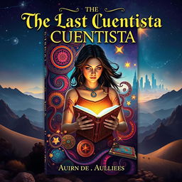 A captivating book cover design for 'The Last Cuentista' showcasing a mesmerizing blend of Mexican folklore and futuristic elements