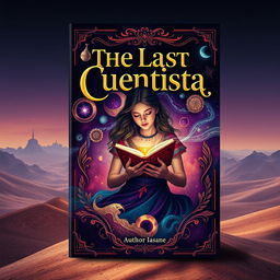 A captivating book cover design for 'The Last Cuentista' showcasing a mesmerizing blend of Mexican folklore and futuristic elements