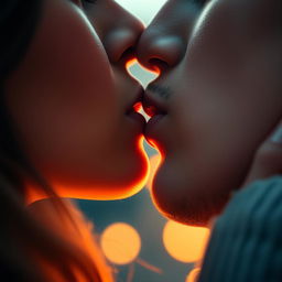 A close-up of a romantic lip kiss, capturing the warmth and passion between two people