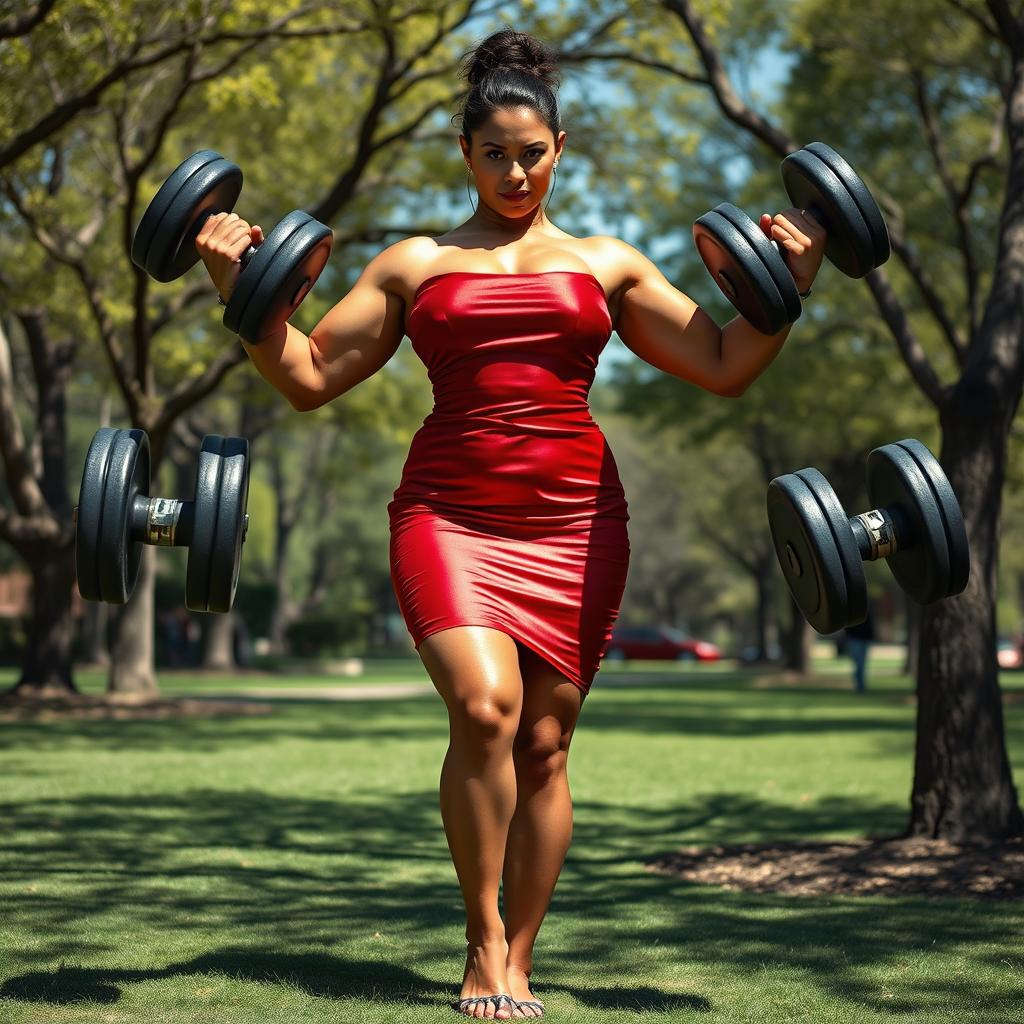 A stunning and powerful woman in a sunny park, wearing a sleek red silk Pothole Tube Dress