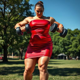 A stunning and powerful woman in a sunny park, wearing a sleek red silk Pothole Tube Dress