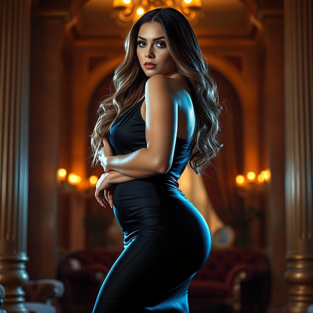 A voluptuous woman with an alluring and seductive expression, standing confidently in a glamorous pose