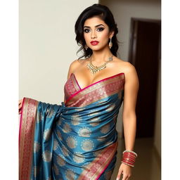 A woman with large bust size wearing a stunning, sexy saree