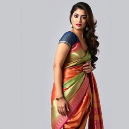 A woman with large bust size wearing a stunning, sexy saree