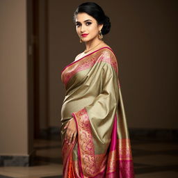 A woman with large bust size wearing a stunning, sexy saree