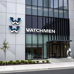 A modern and sleek company building facade for Watchmen, a firm specializing in designing self-protection plans