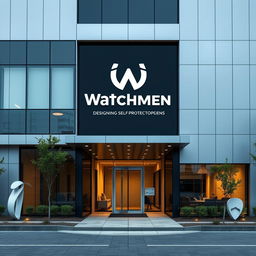 A modern and sleek company building facade for Watchmen, a firm specializing in designing self-protection plans