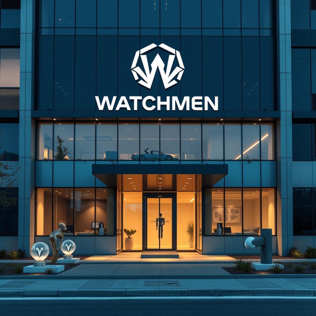 A modern and sleek company building facade for Watchmen, a firm specializing in designing self-protection plans