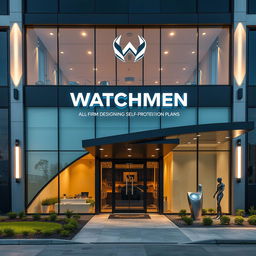 A modern and sleek company building facade for Watchmen, a firm specializing in designing self-protection plans