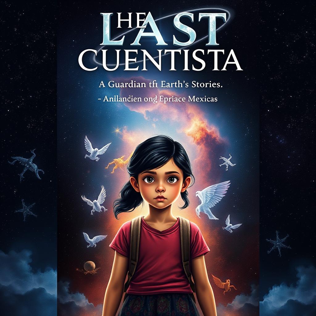 A striking book cover for "The Last Cuentista", featuring a dark, starry space backdrop with a mysterious, beautiful nebula