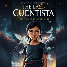 A striking book cover for "The Last Cuentista", featuring a dark, starry space backdrop with a mysterious, beautiful nebula