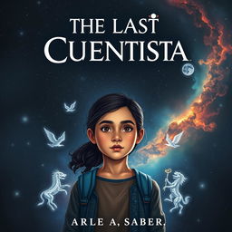 A striking book cover for "The Last Cuentista", featuring a dark, starry space backdrop with a mysterious, beautiful nebula