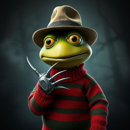 A hyper-realistic depiction of Keroppi, the cute green frog character from Sanrio, reimagined as Freddy Krueger from "A Nightmare on Elm Street"