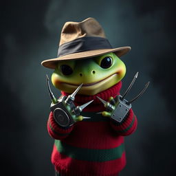 A hyper-realistic depiction of Keroppi, the cute green frog character from Sanrio, reimagined as Freddy Krueger from "A Nightmare on Elm Street"