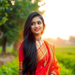 A beautiful Assamese woman with long, flowing black hair and intricate traditional Assamese attire, exuding charm and grace