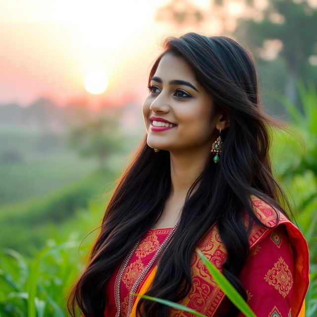 A beautiful Assamese woman with long, flowing black hair and intricate traditional Assamese attire, exuding charm and grace