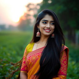 A beautiful Assamese woman with long, flowing black hair and intricate traditional Assamese attire, exuding charm and grace