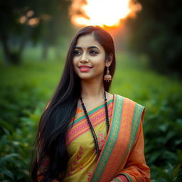 A beautiful Assamese woman with long, flowing black hair and intricate traditional Assamese attire, exuding charm and grace