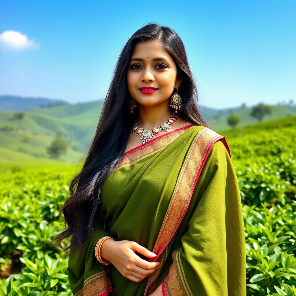 A beautiful Assamese girl wearing traditional attire, including a Mekhela Chador, standing in a lush green tea garden