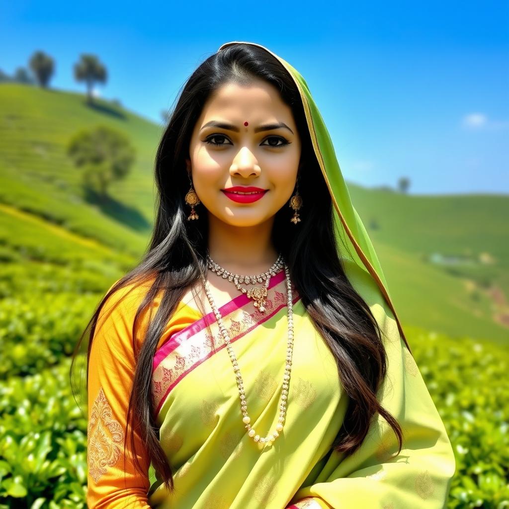 A beautiful Assamese girl wearing traditional attire, including a Mekhela Chador, standing in a lush green tea garden