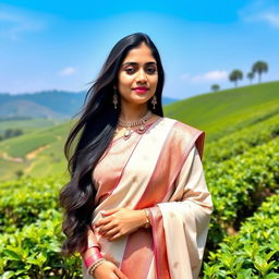 A beautiful Assamese girl wearing traditional attire, including a Mekhela Chador, standing in a lush green tea garden