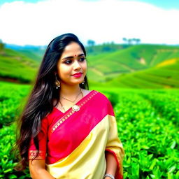 A beautiful Assamese girl wearing traditional attire, including a Mekhela Chador, standing in a lush green tea garden