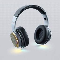 Futuristic pixel-style wireless headphones, showcasing intricate pixel art design, accentuated with a glowing LED pattern on the ear cups